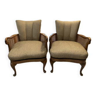Pair of wood and cane armchairs