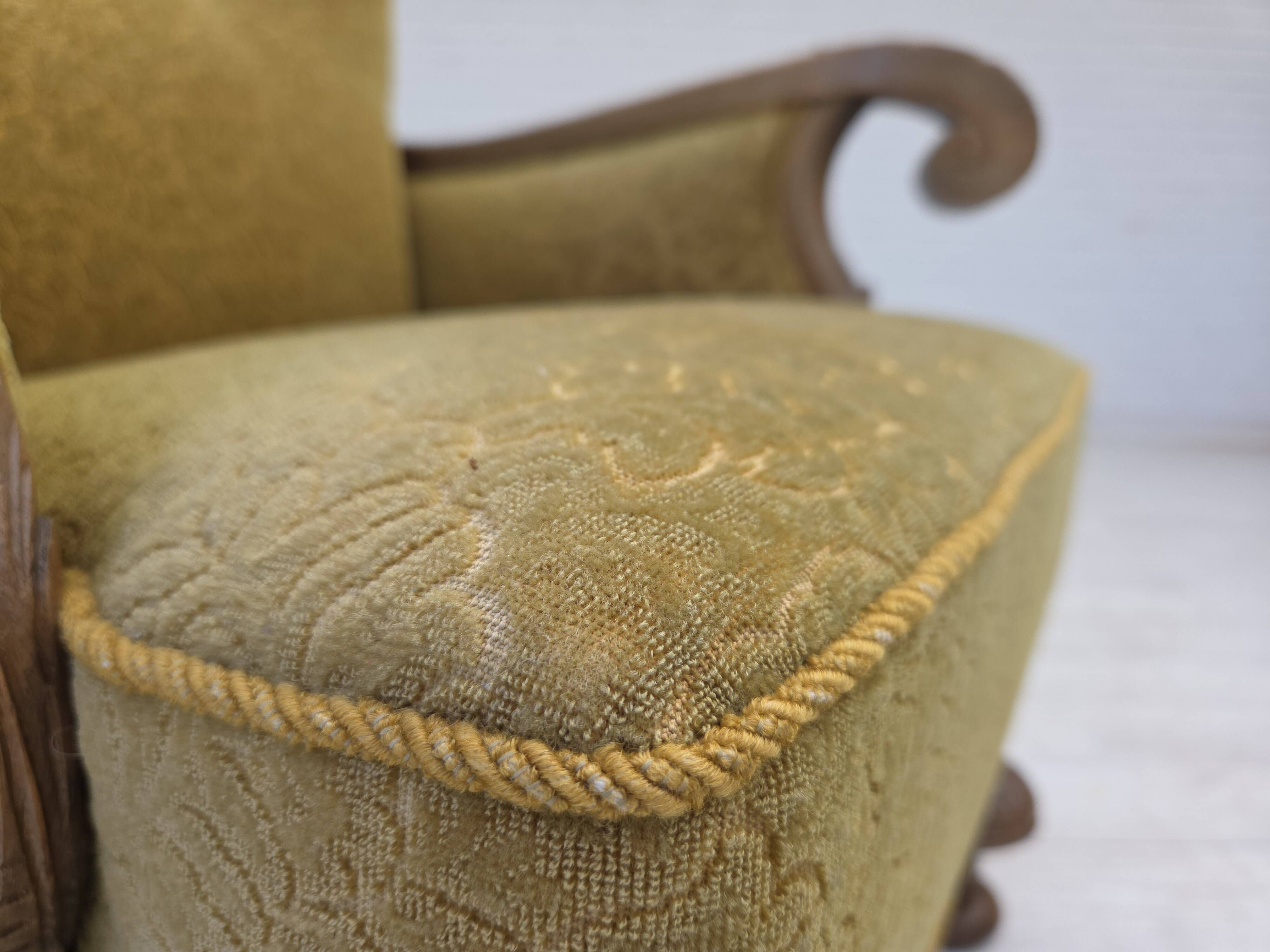 1960s, Danish highback armchair, furniture cotton/wool fabric, oak wood.