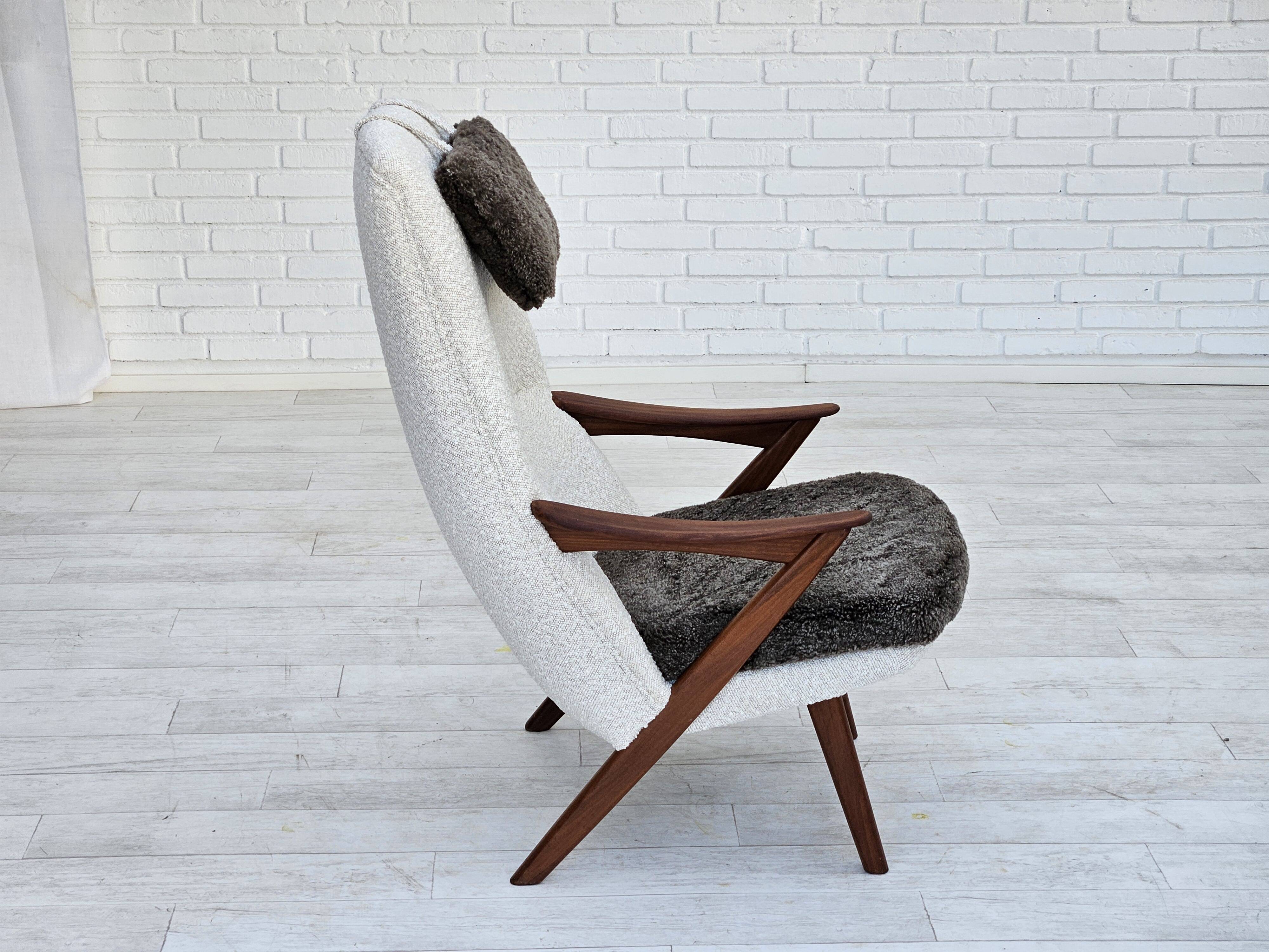 1960s, Scandinavian design, reupholstered armchair, furniture fabric, genuine sheepskin, teak.