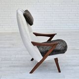 1960s, Scandinavian design, reupholstered armchair, furniture fabric, genuine sheepskin, teak.