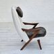 1960s, Scandinavian design, reupholstered armchair, furniture fabric, genuine sheepskin, teak.