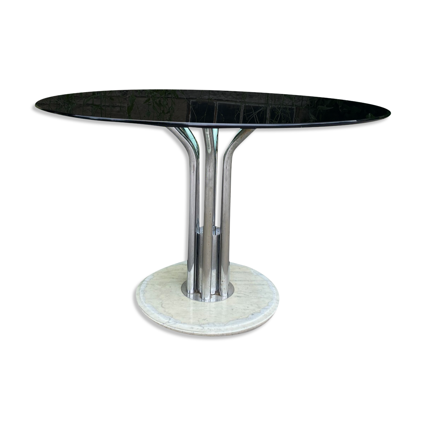 table à manger italienne avec base en marbre et plateau en verre fumé