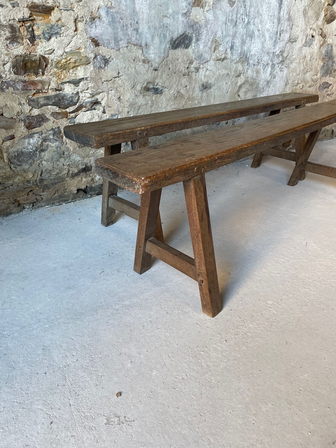 Pair of small antique solid wood benches