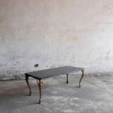 Vintage Dark Green Marble Coffee Table with Gilded Metal Ornate Legs, Mid-Century