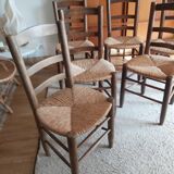 Set of 6 wooden chairs and 50s straw
