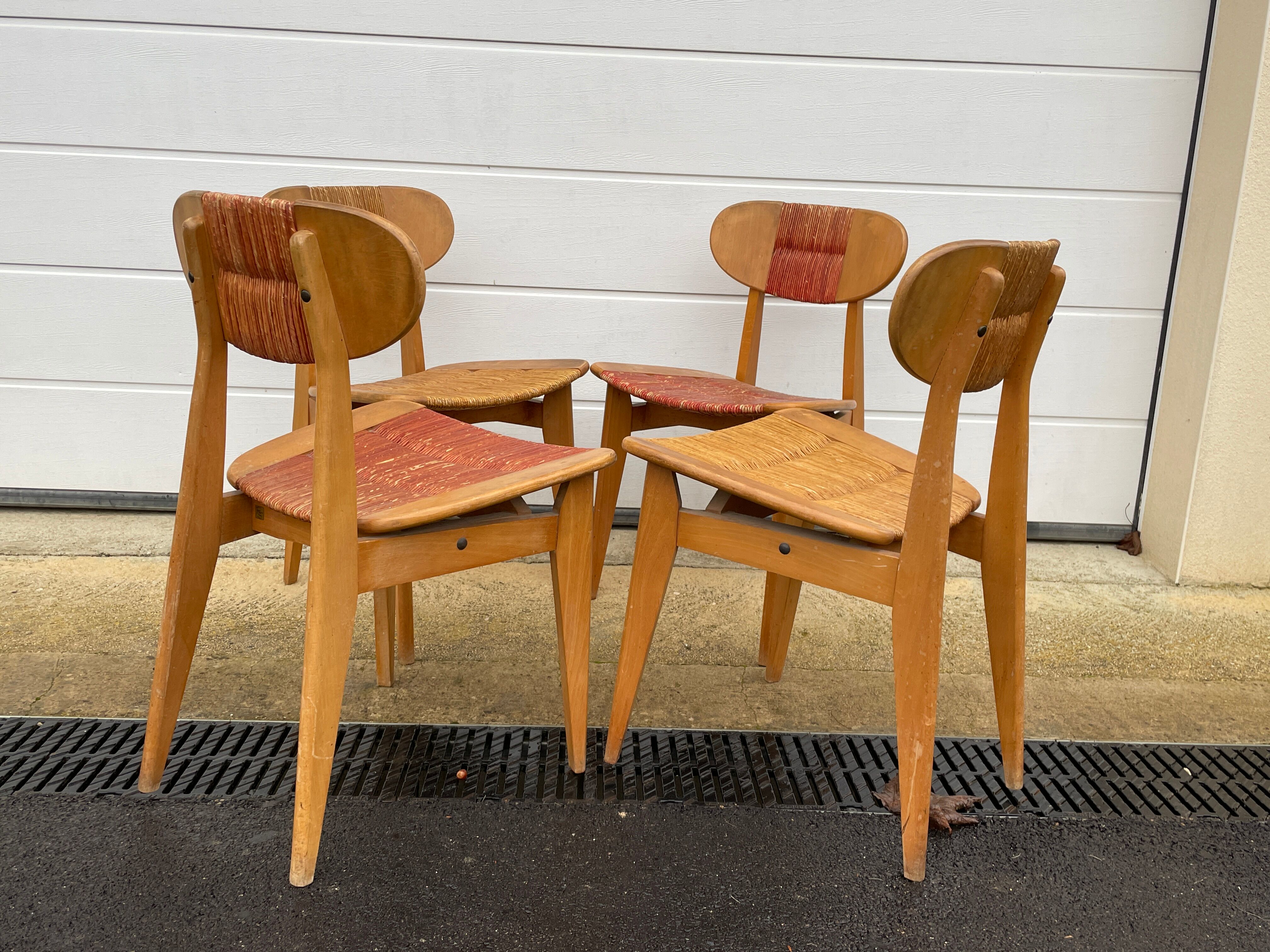 Série de 4 chaises paillées 1950 Roger landault  éditeur robert sentou