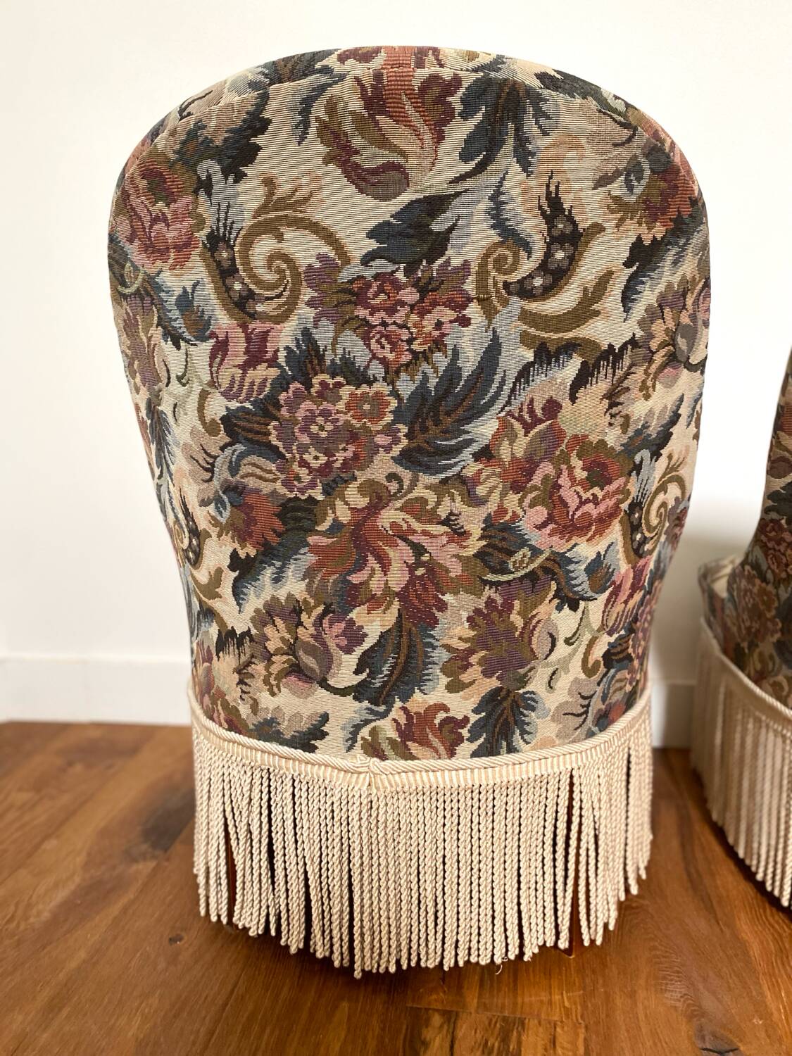 Pair of antique tapestry toad armchairs