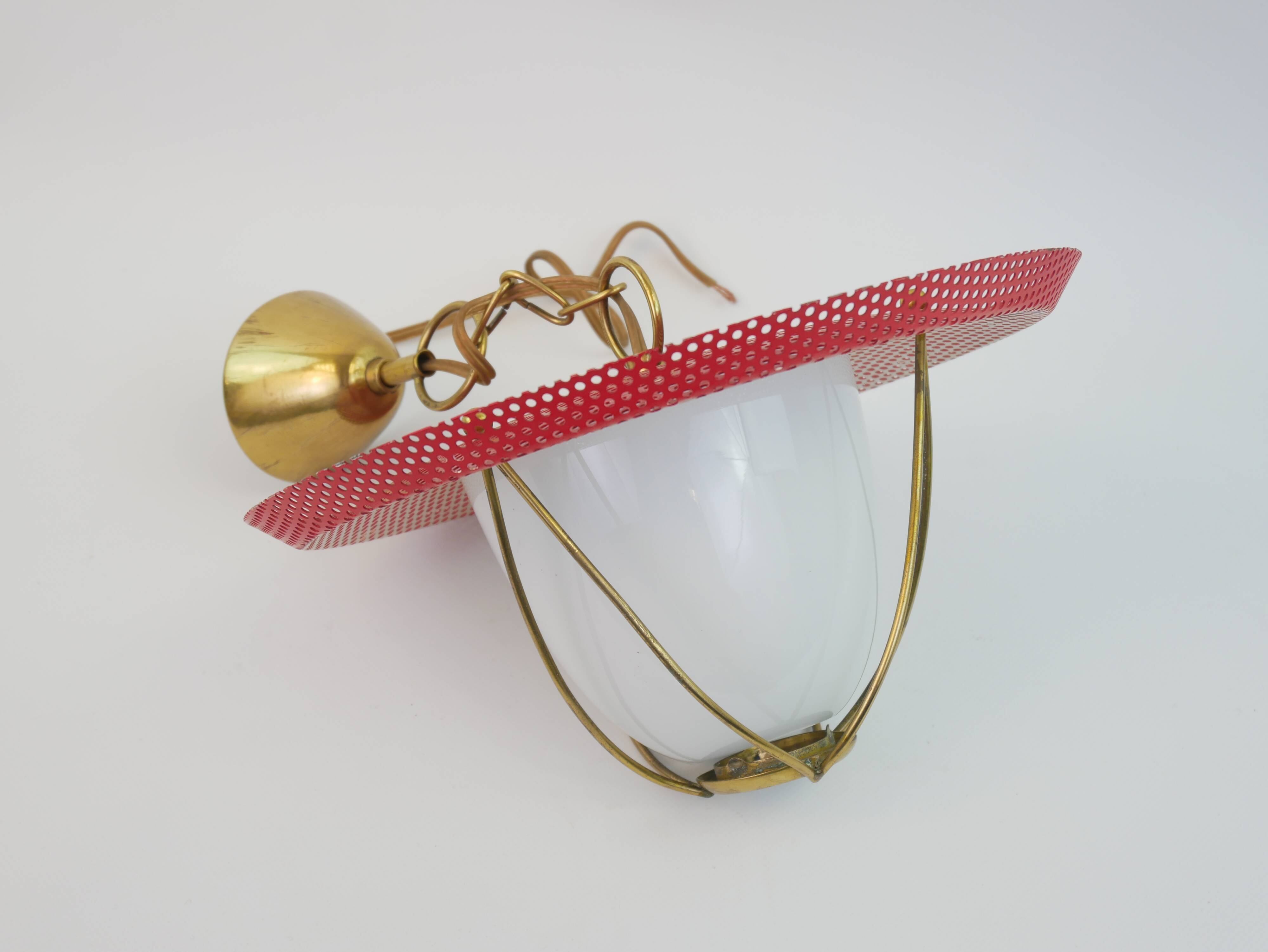 Suspension in perforated red lacquered metal, brass and opaline in the style of Mathieu Matégot