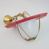 Suspension in perforated red lacquered metal, brass and opaline in the style of Mathieu Matégot