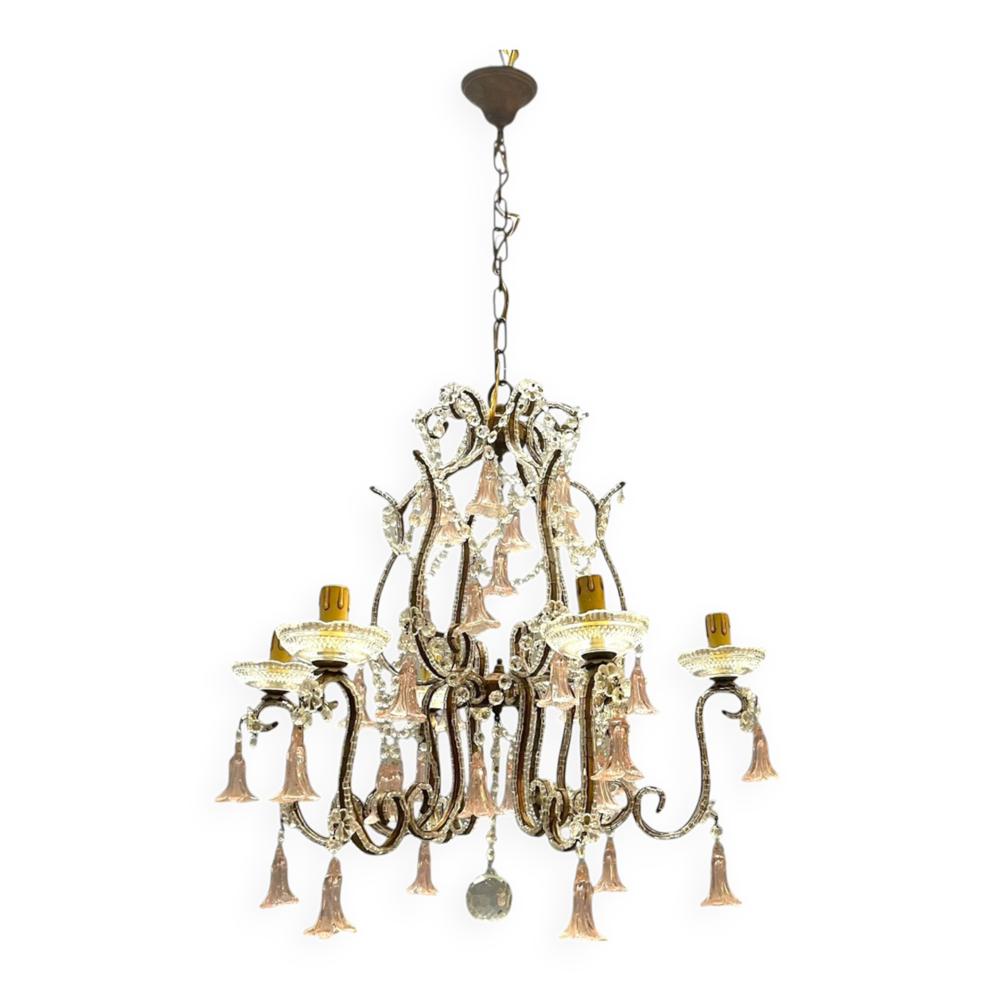Chandelier en verre de Murano rose des années 1960