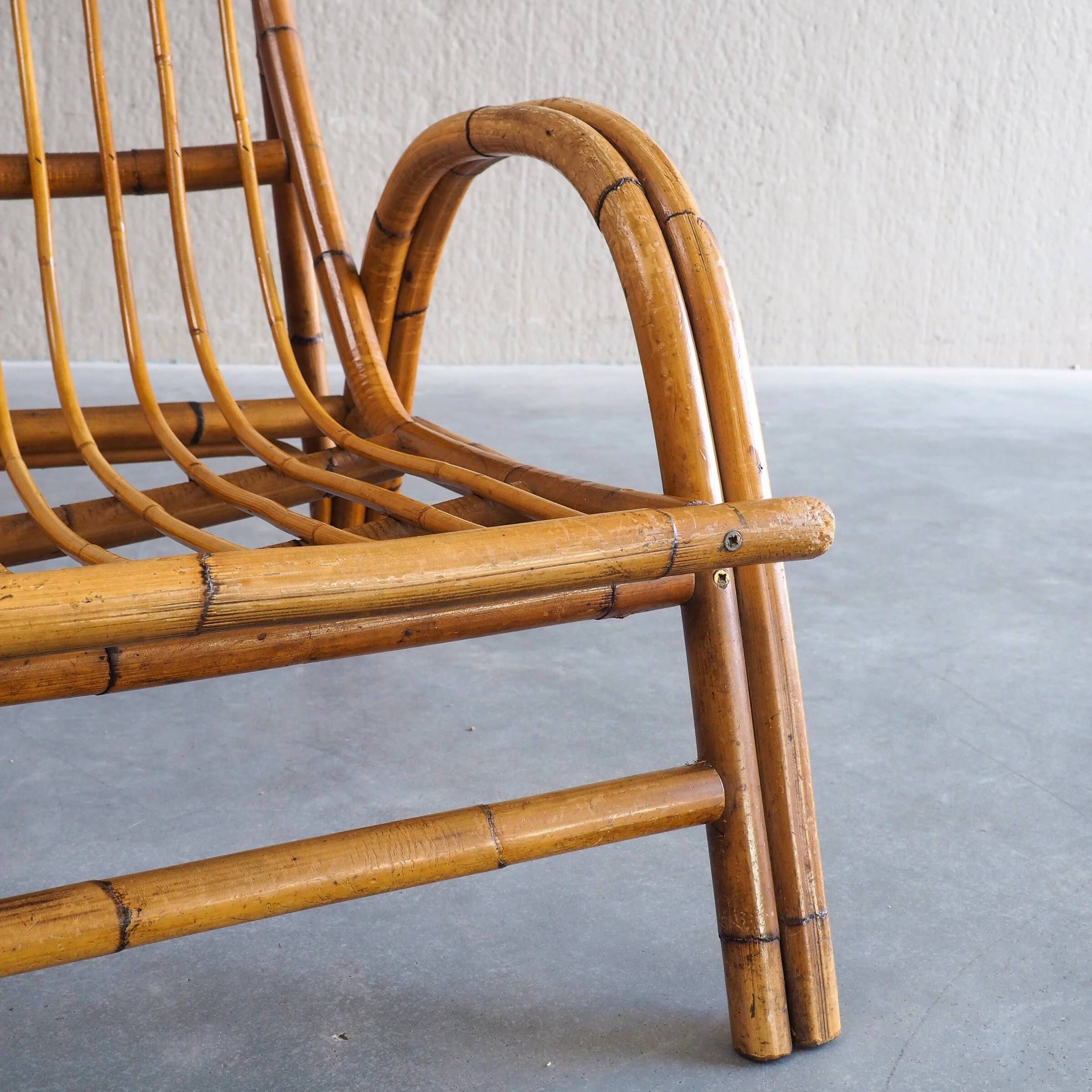 Mid-century rattan & bamboo two-seater lounge sofa