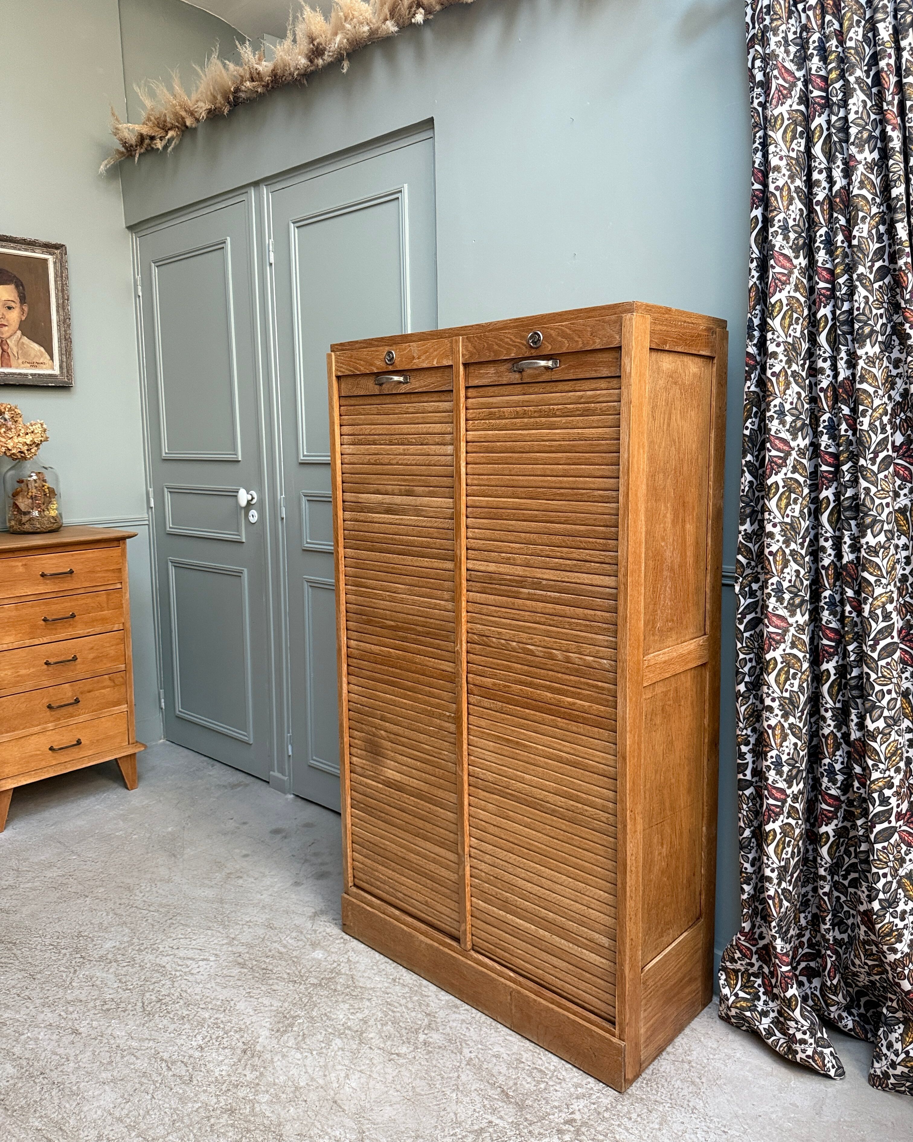 Oak filing cabinet with curtains (renovated)