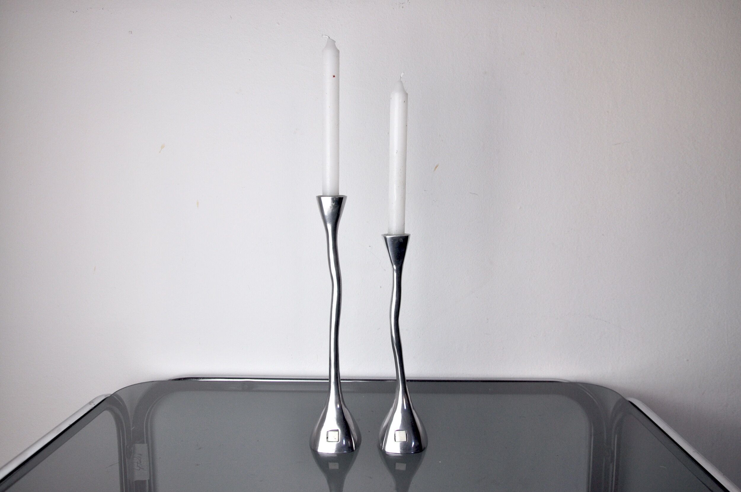 Pair of zigzag candle holders, solid aluminum and polished stone, art3, Spain, 1970