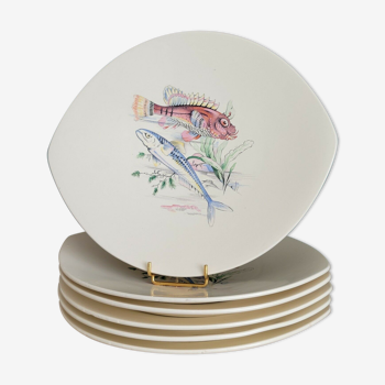 6 old fish plates in Salins earthenware France vintage oval