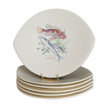 6 anciennes assiettes à poisson en faïence salins france vintage ovales