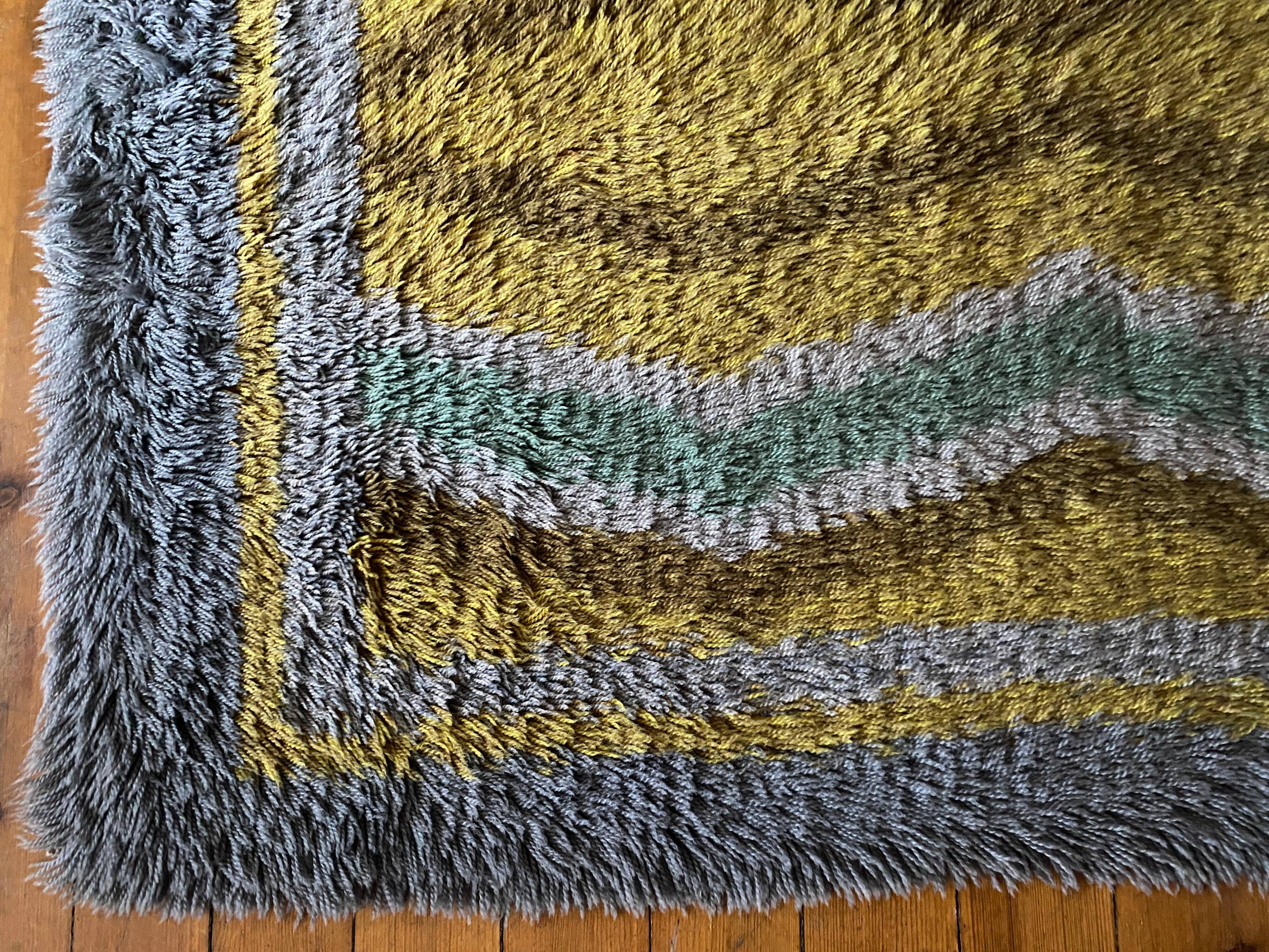 Mid-century Modern High Pile, Yellow, Aquamarine & Grey Rya Rug, Sweden, 1960s