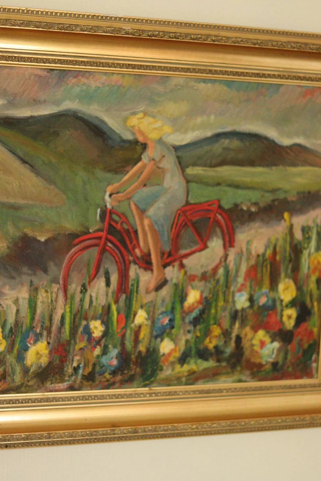 Huile sur panneau suédoise « Femme à vélo » de Tornquist