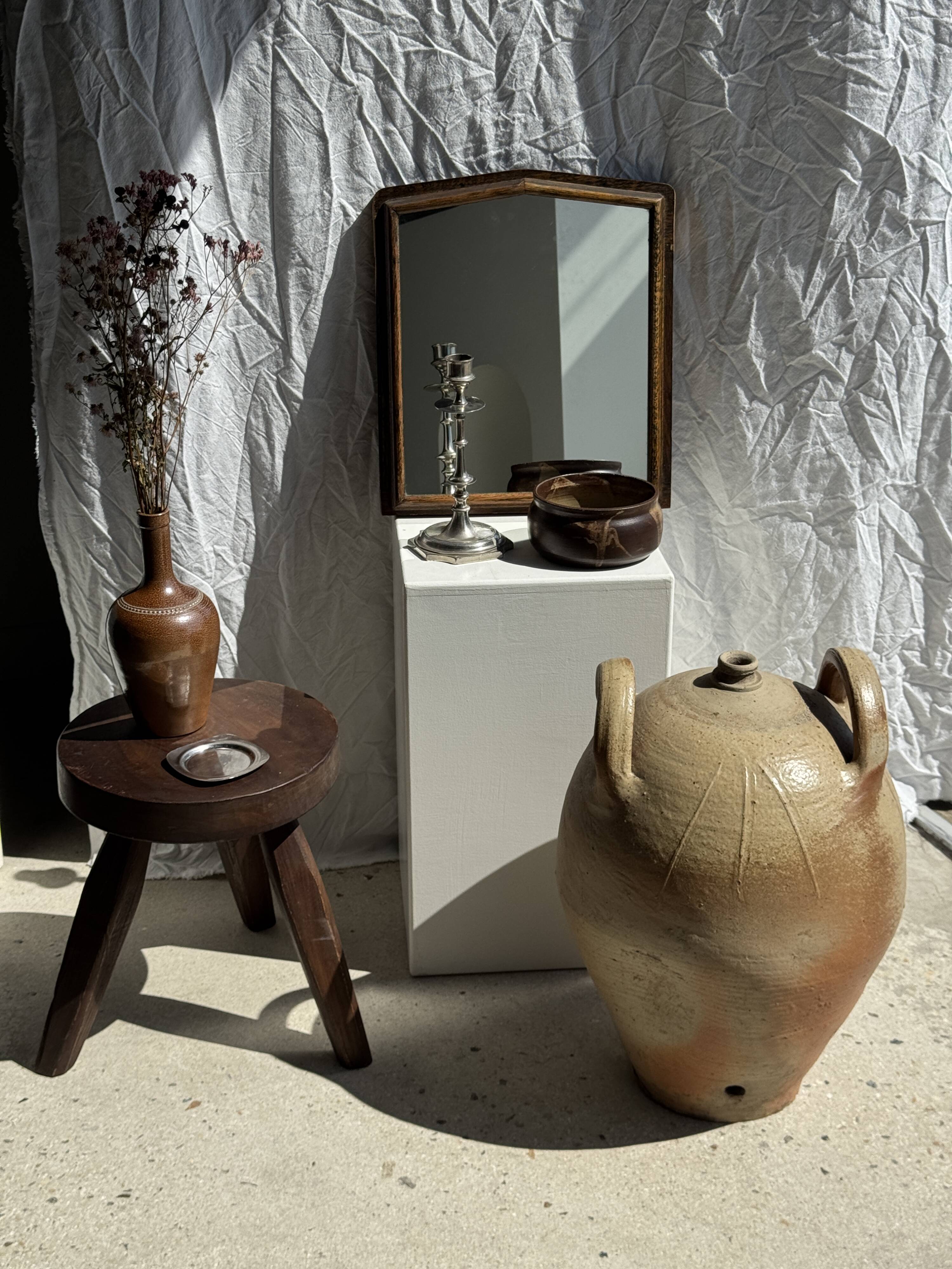 Small antique English rectangular mirror with pediment and oak frame