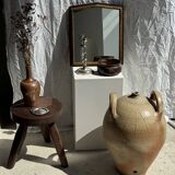 Small antique English rectangular mirror with pediment and oak frame