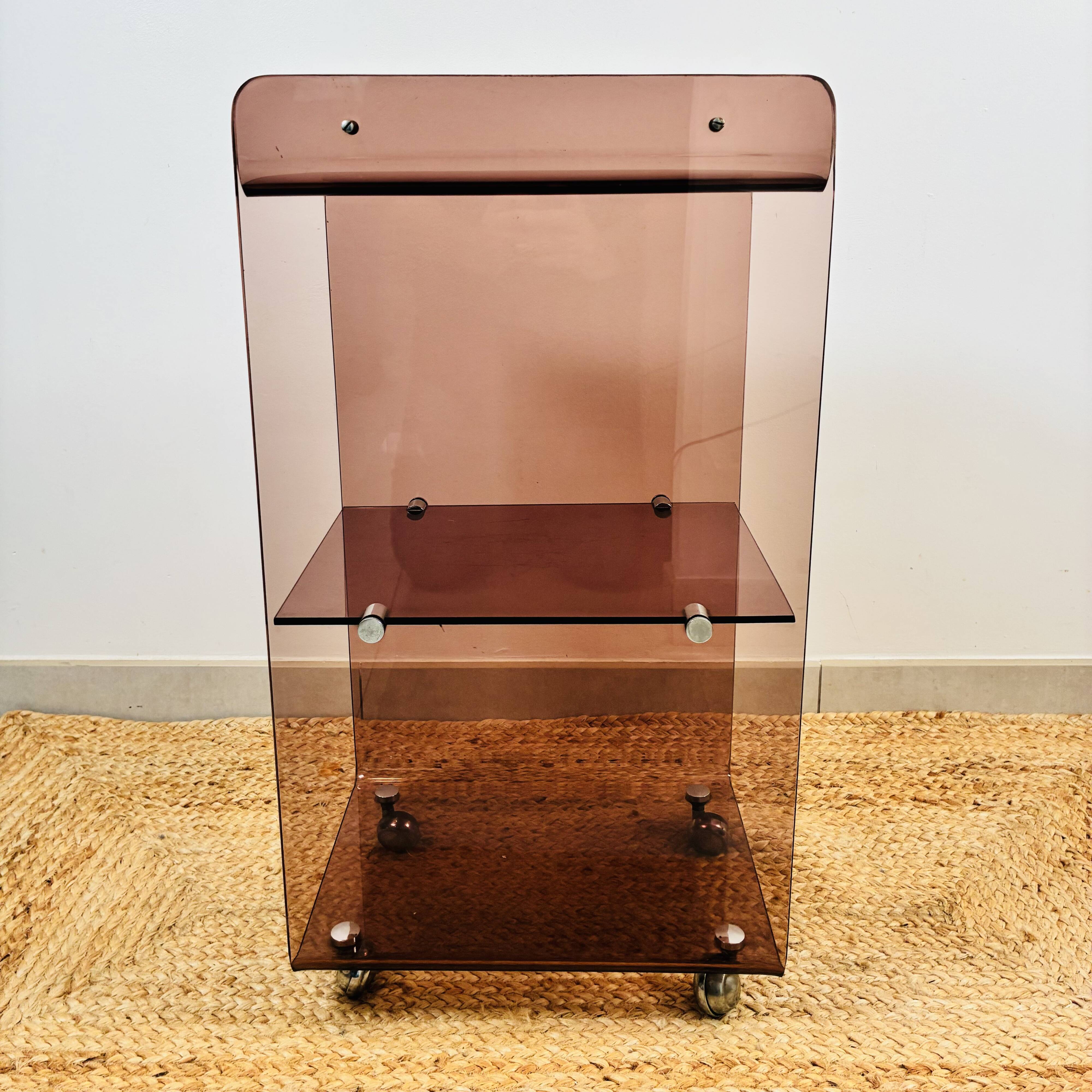 Vintage dessert table by Eric Maville in smoked Plexiglas and chrome, Roche Bobois 1970.