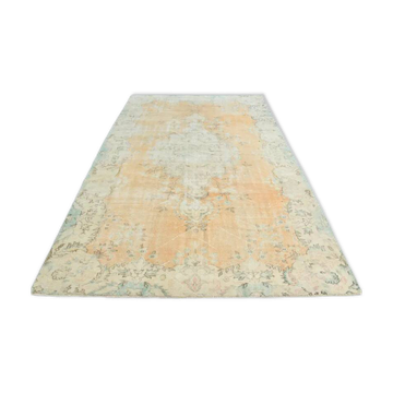 Tapis turc vintage en laine orange et beige décor floral