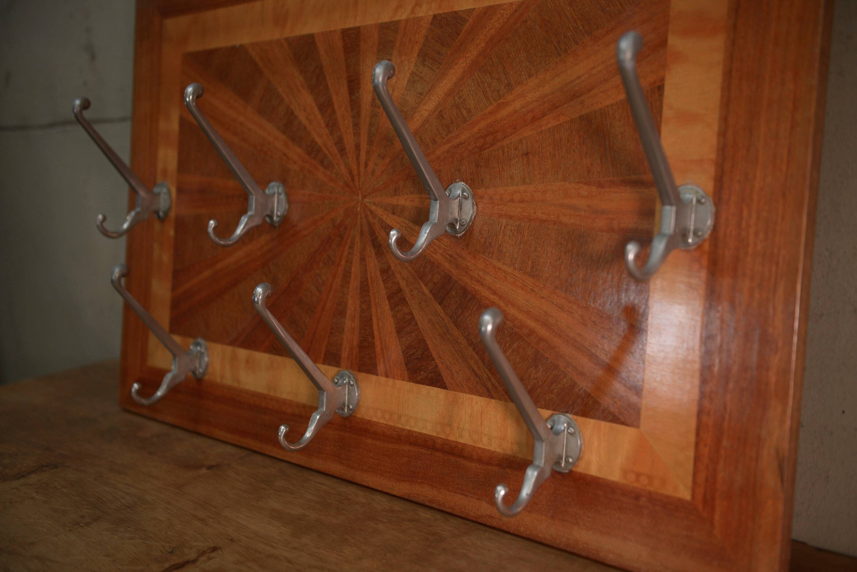Art Deco marquetry and aluminum wall coat rack