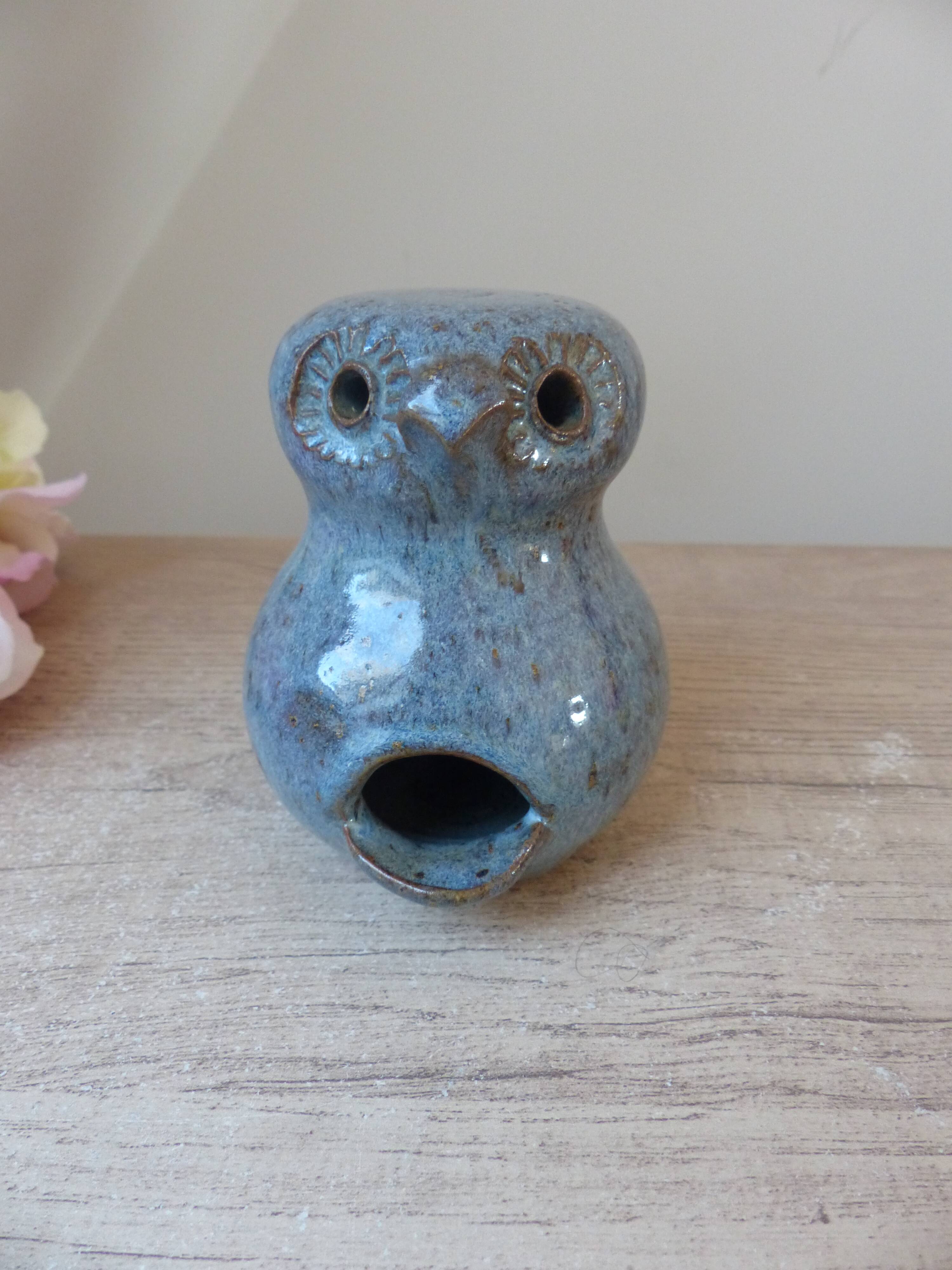 Owl figurine in blue sandstone ceramic, zoomorphic owl in vintage pottery