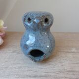 Owl figurine in blue sandstone ceramic, zoomorphic owl in vintage pottery