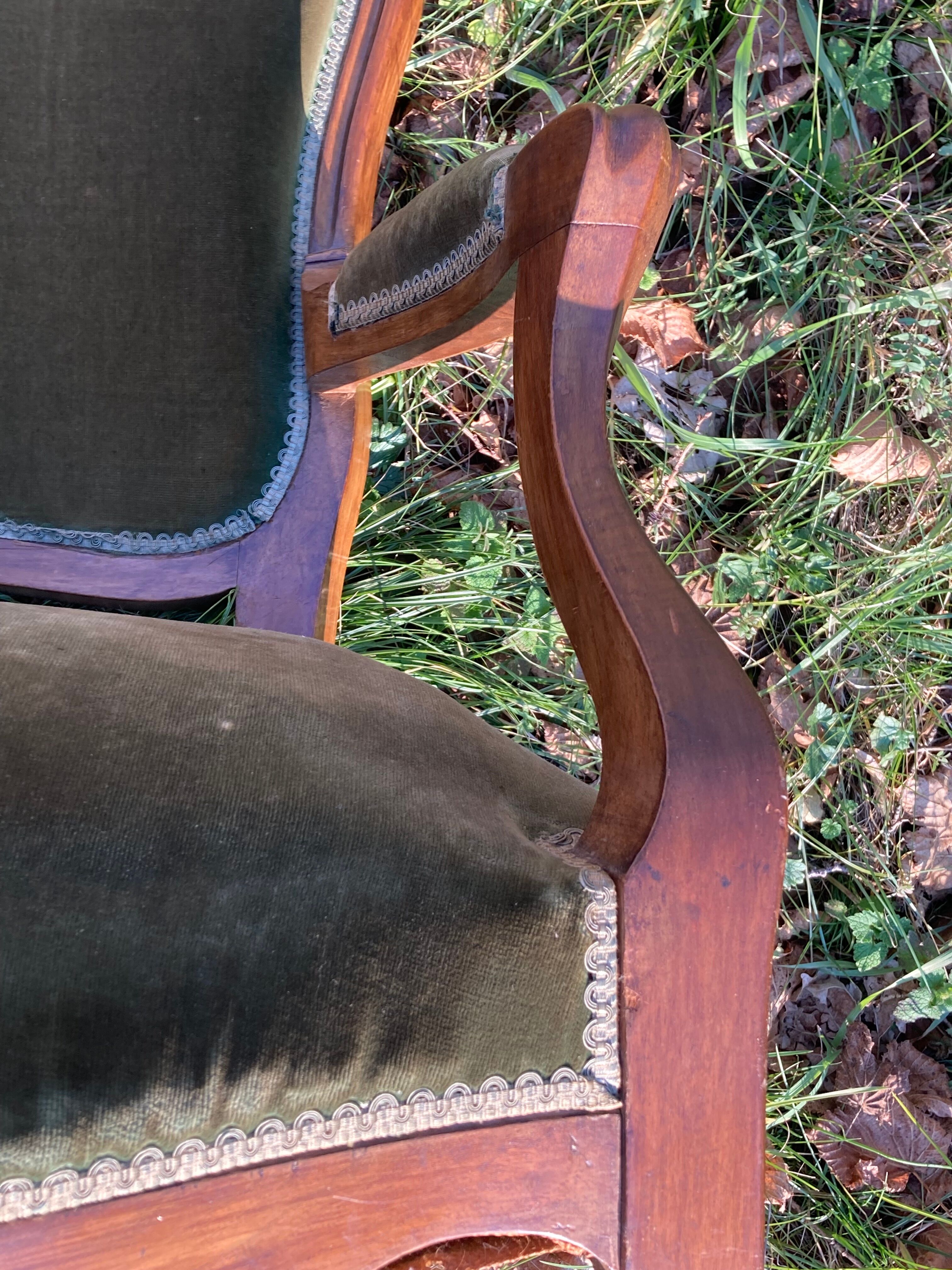 Armchair Voltaire Louis Philippe in wood green velvet XIX