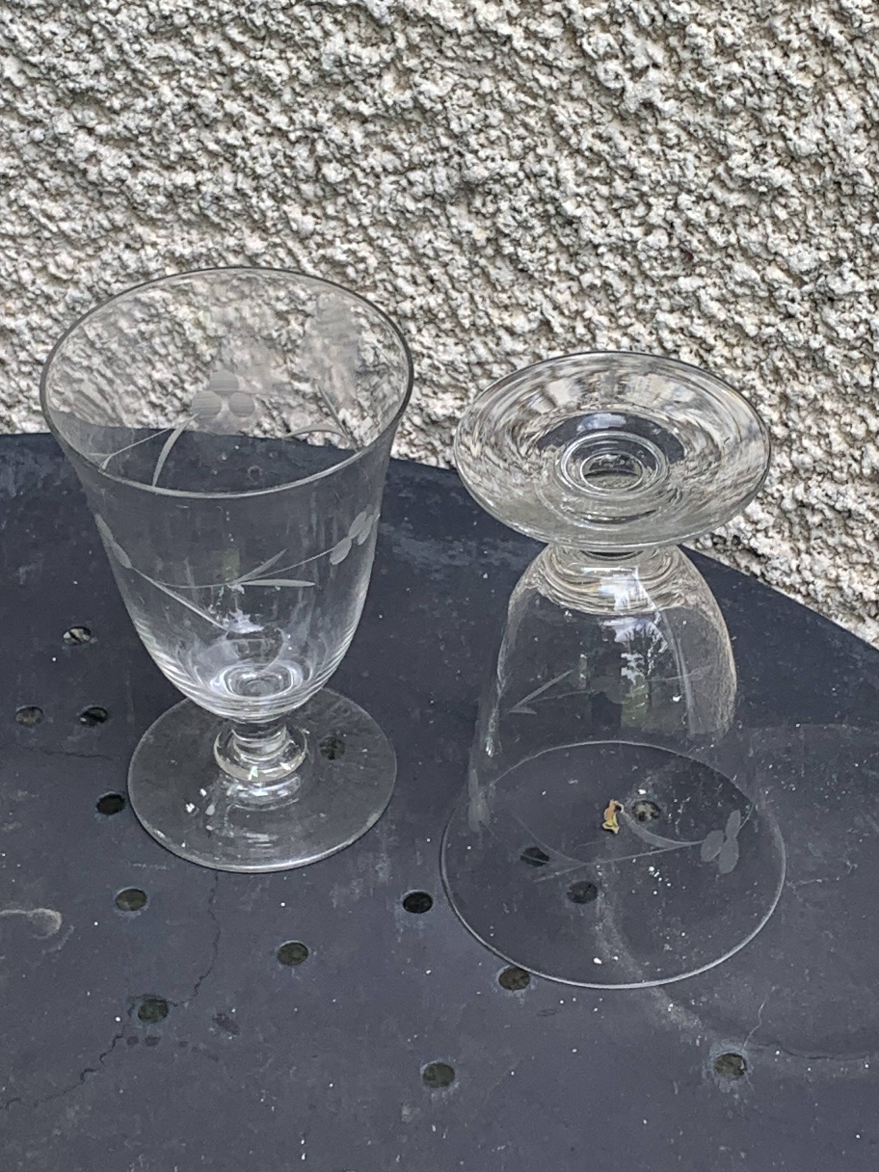 6 large antique wine glasses, chiseled floral pattern,