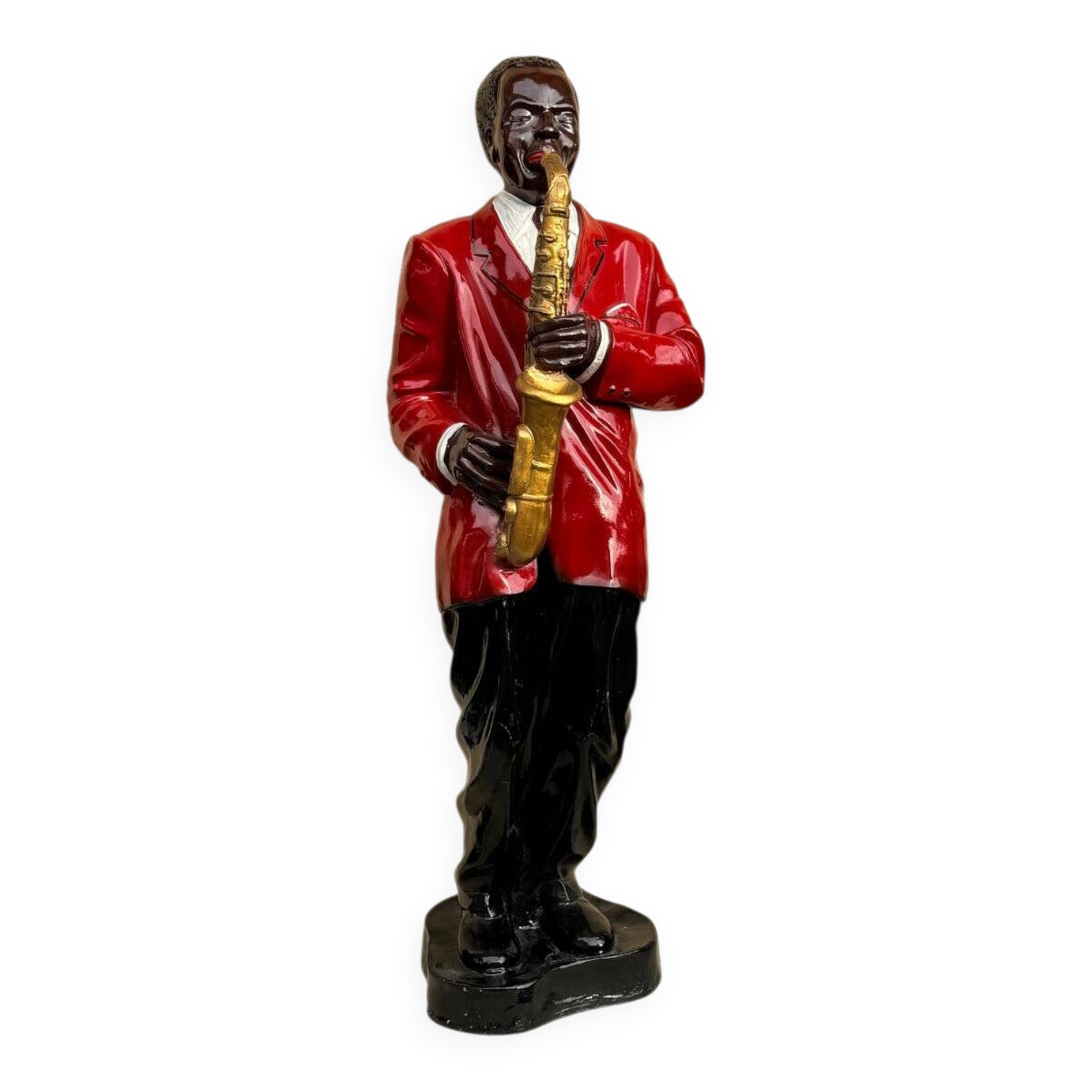 Large black and red jazz figurine in fibreglass, decorative sculpture from the 1960s.