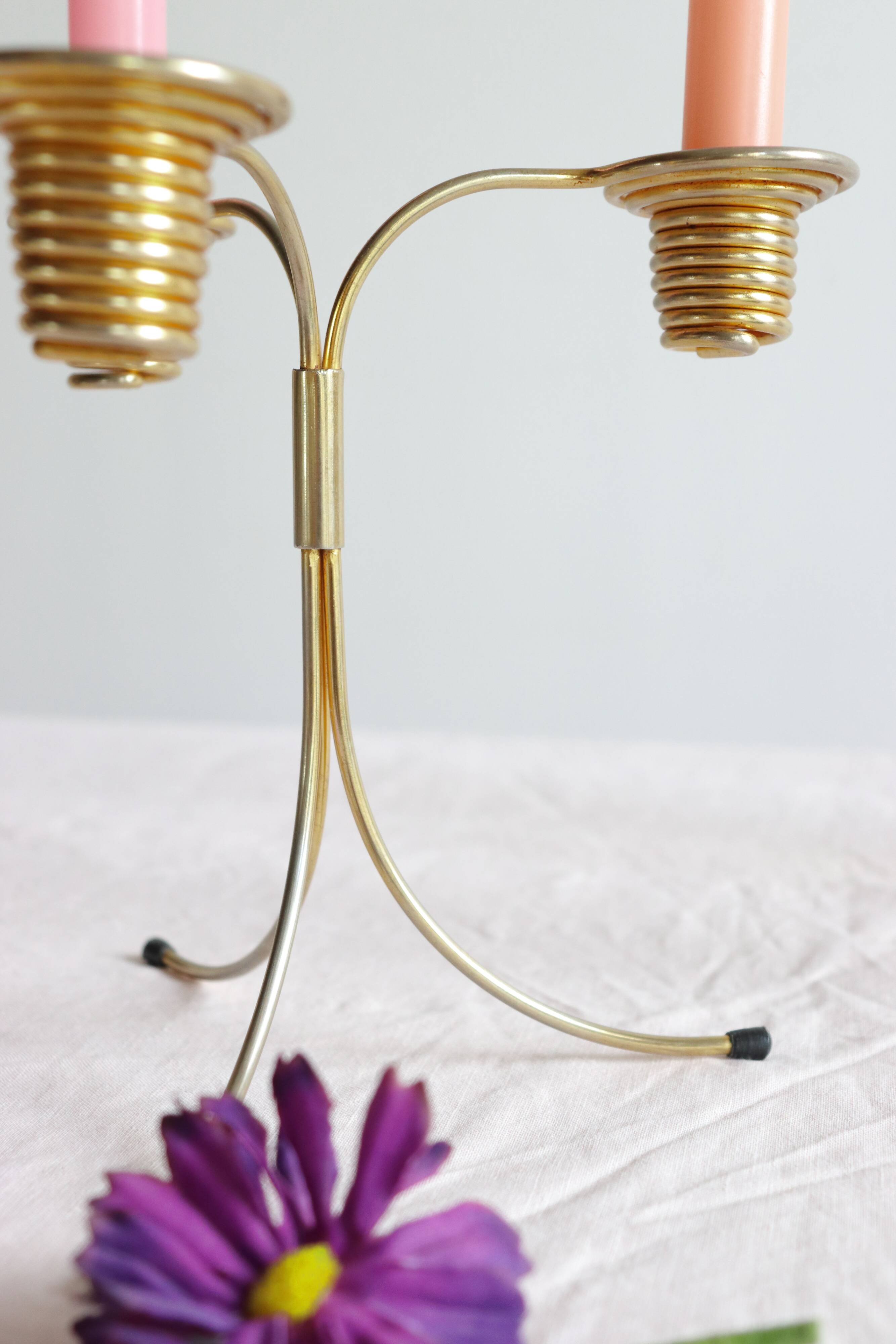 Pair of Vintage Rockabilly Style Gold Brass Spiral Tripod Candlestick Holders