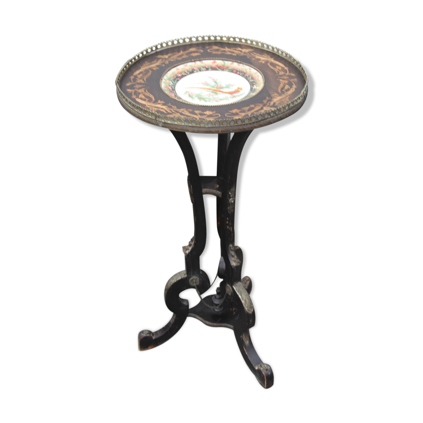 Small round ebonized round table with pretty chna plate ,