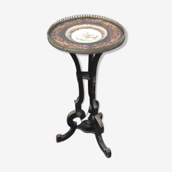 Small round ebonized round table with pretty chna plate ,