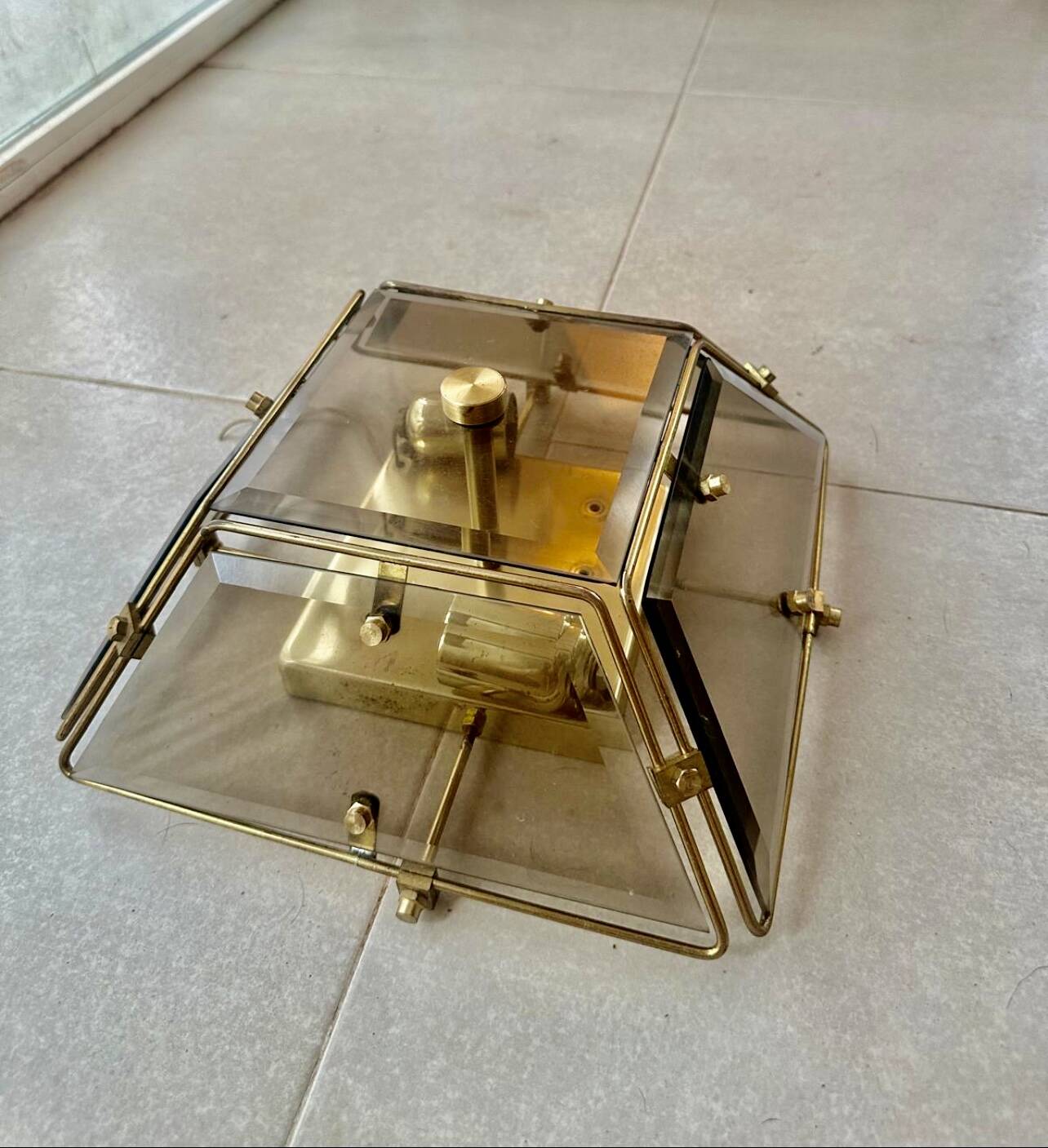 Veca ceiling light in glass and brass, Italy 1970