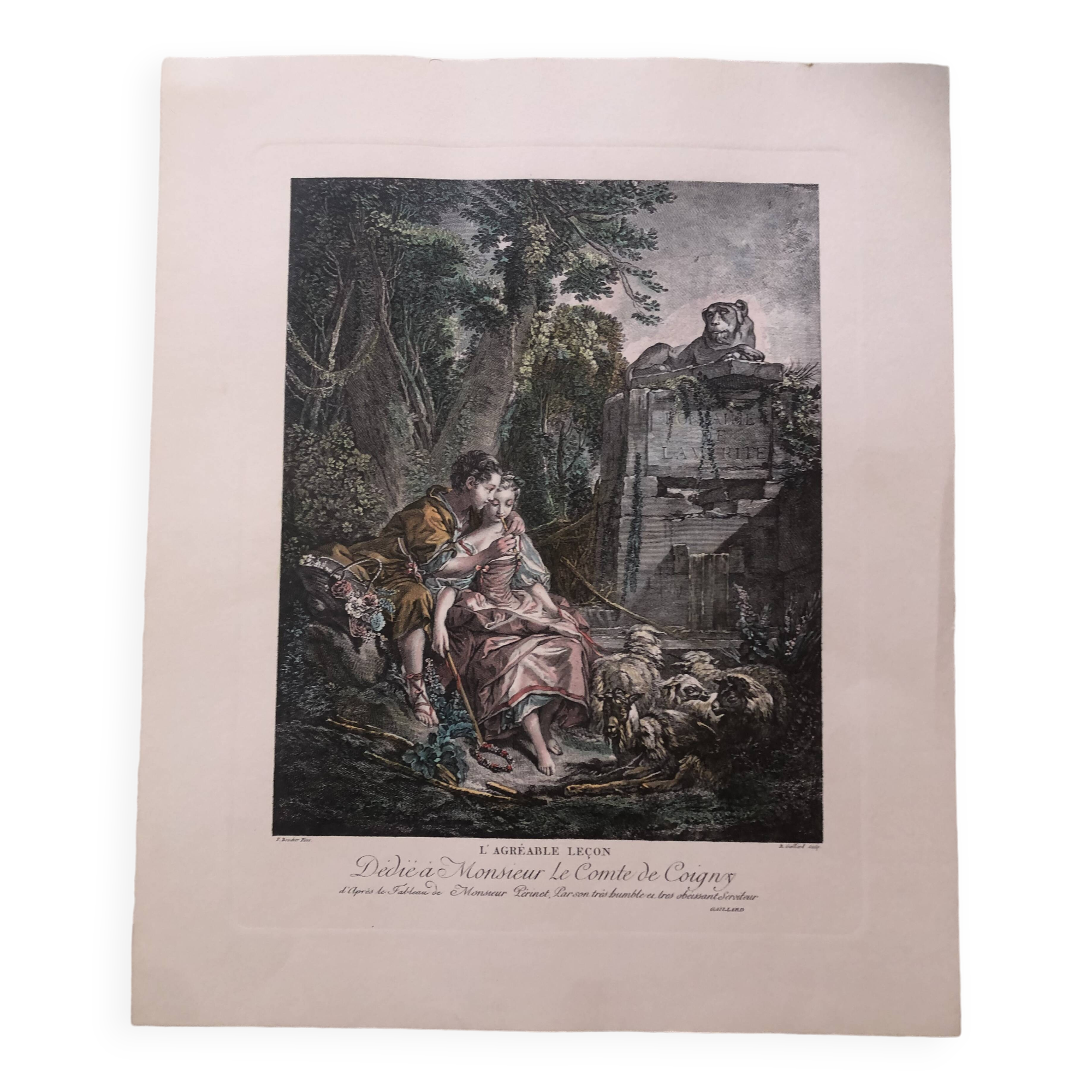 Lithography the pleasant season after boucher and gaillard, mid-20th century print, flute-playing shepherds