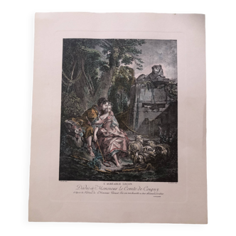 Lithographie l'agreable saison d'après boucher et gaillard, tirage mi-xx°, bergers joueurs de flûte