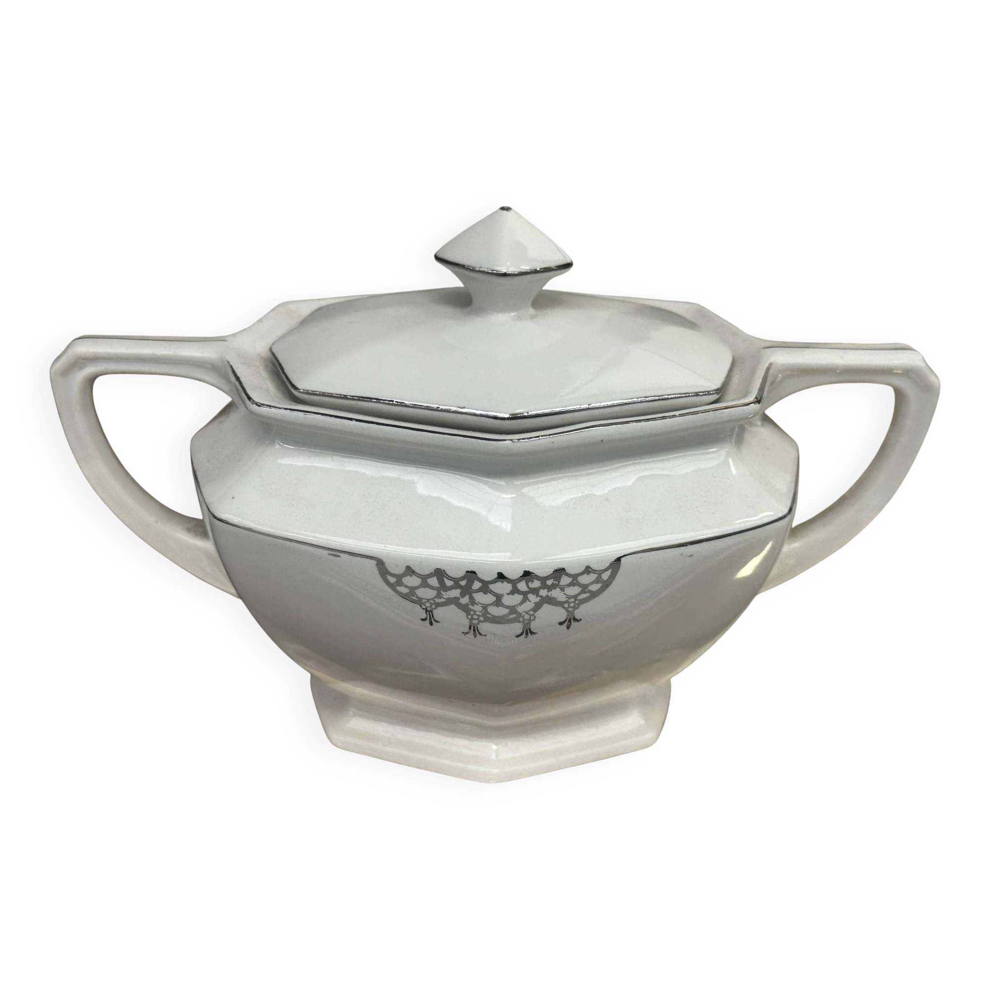 Art Deco sugar bowl circa 1930-40 Czechoslovakian porcelain - Silver trim