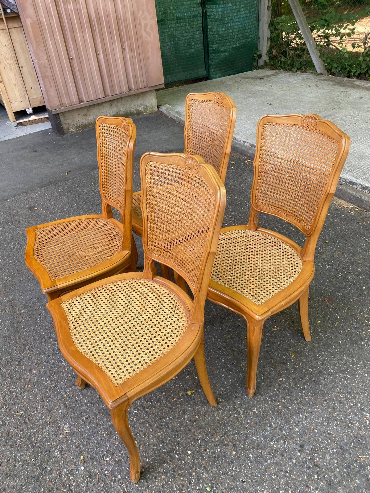 4 Louis XV dining chairs in light solid wood with caning.