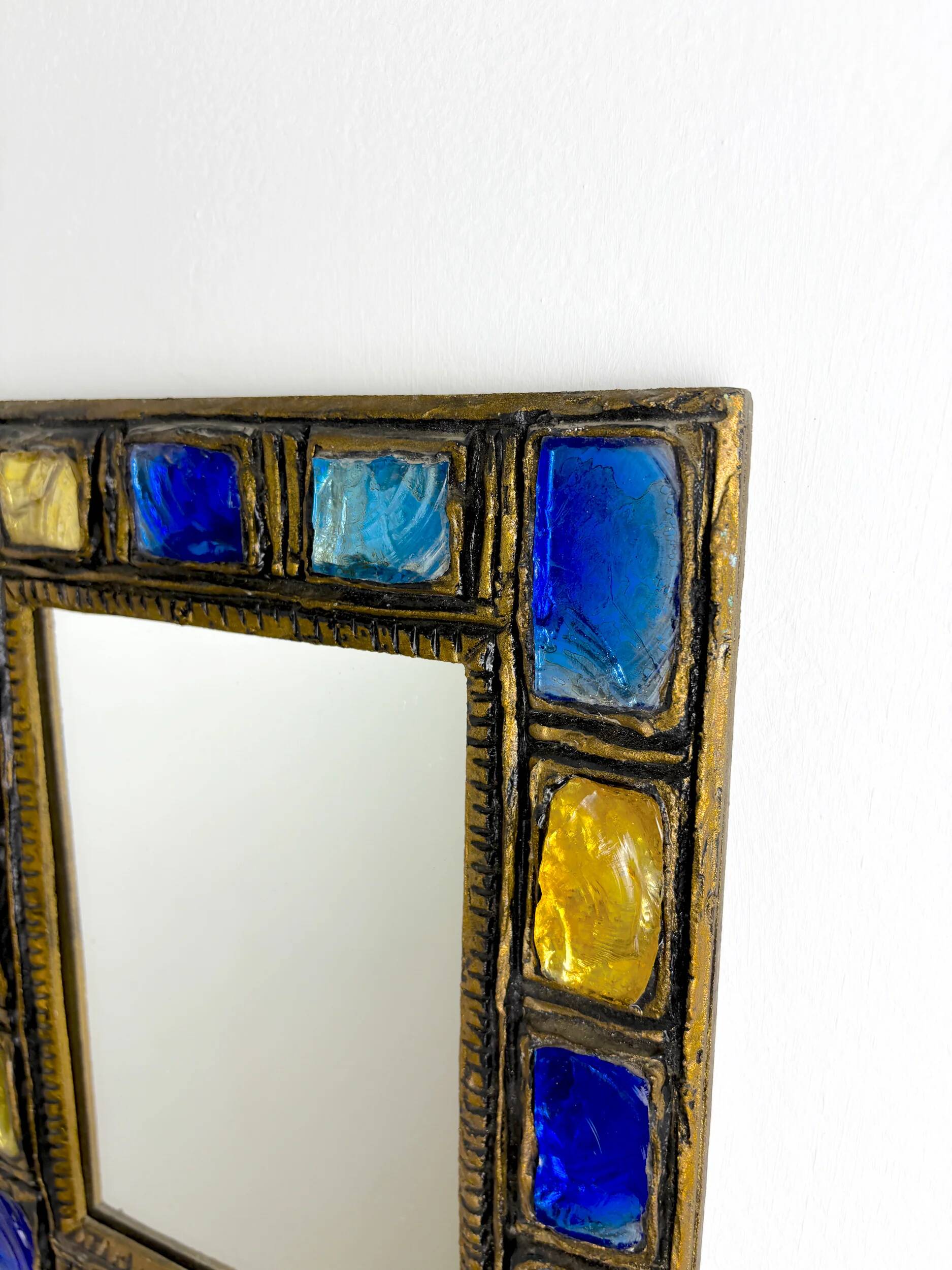 Italian mid-century mirror by Creaciones Gobesso, blue & yellow Murano rock crystals, circa 1960s