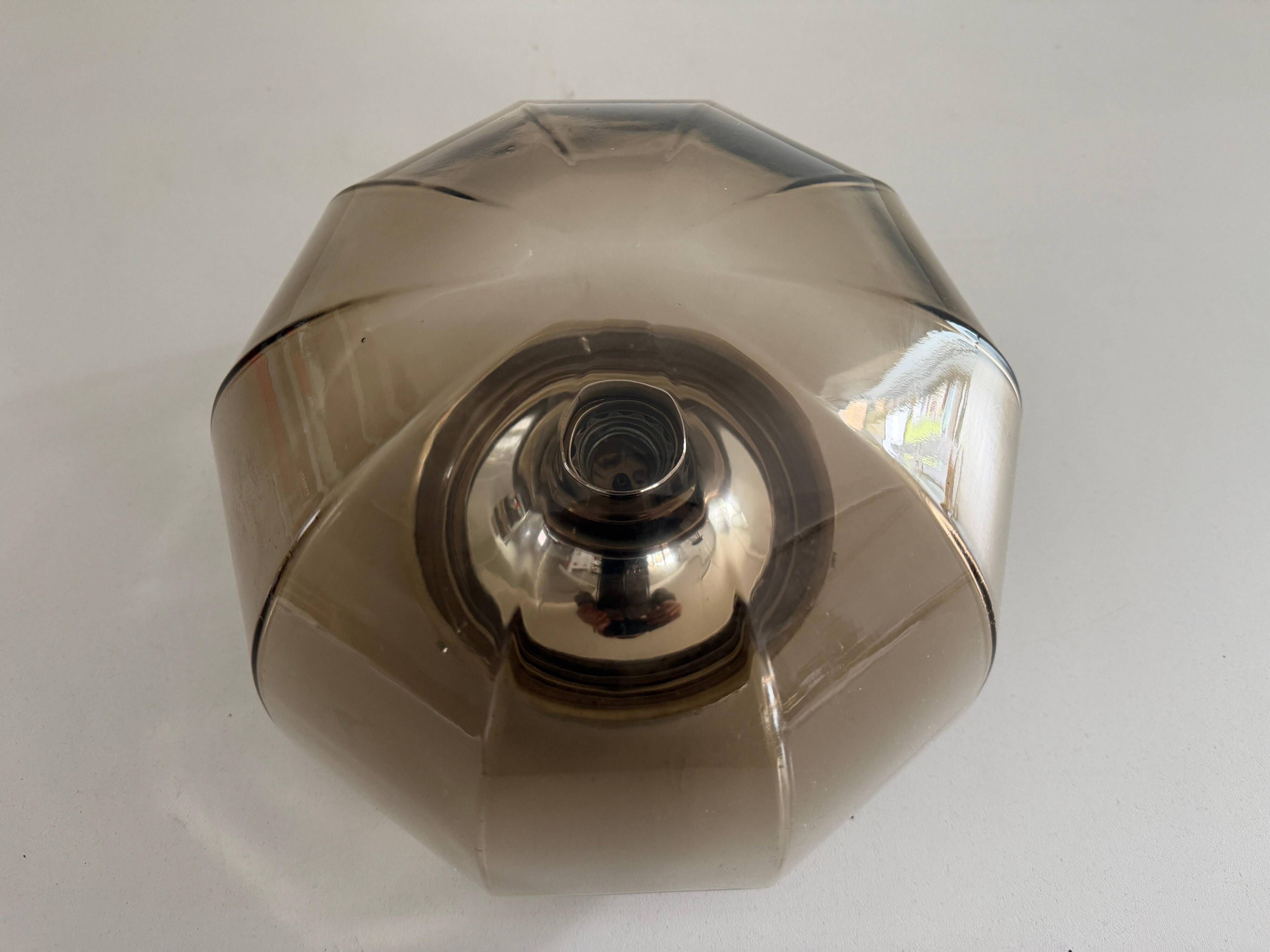Flush-mounted brown glass fixture and metal base by N Leuchten, 1960s, Germany.