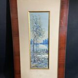 Large watercolor from the early 20th century, signed landscape of a wooded river bank
