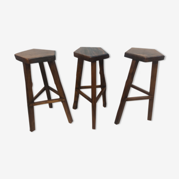 3 brutalist tripod bar stools in solid elm