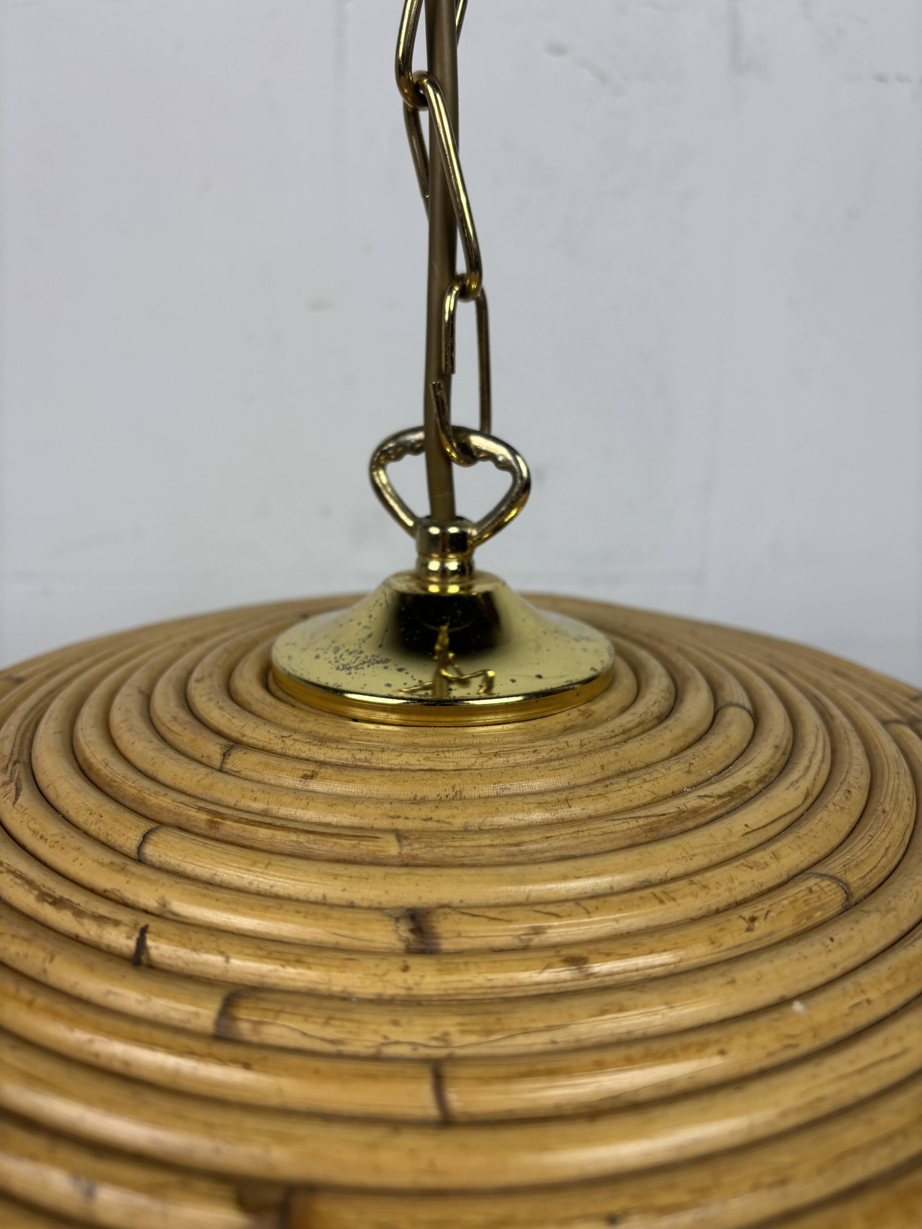 Midcentury Pencil Reed, Rattan, Bamboo and Brass Pendant Hanging Lamp, 1970