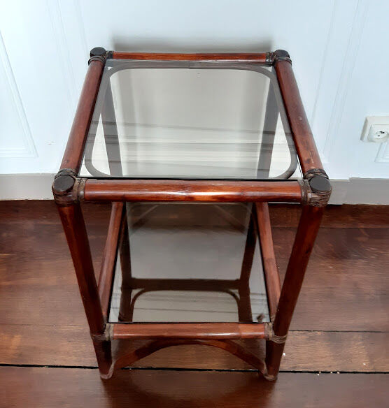 Rattan shelf and smoked glass 1970
