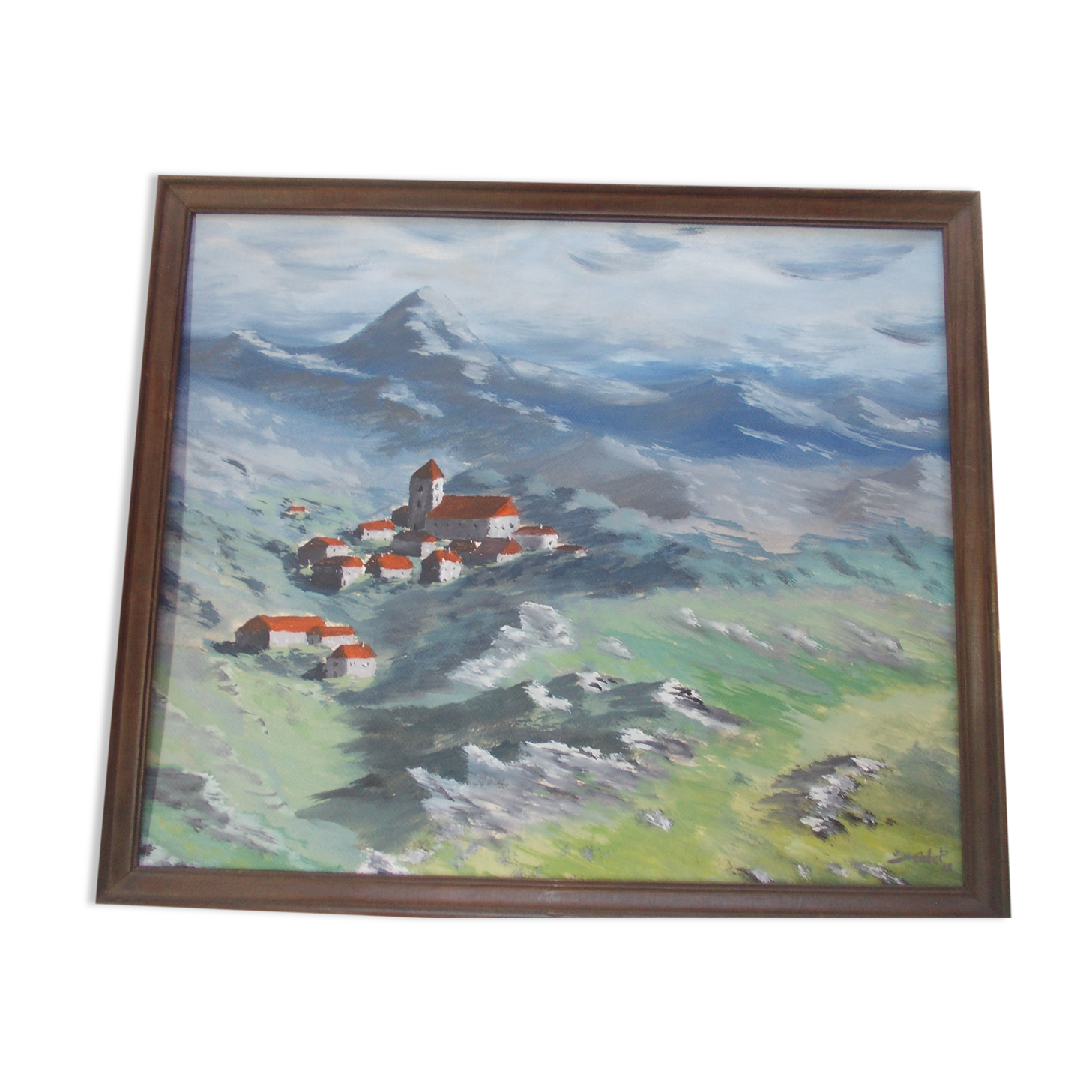 Tableau huile sur carton "village de reve" en montagne, signé j.m. cabet 1988, cadre bois, peinture