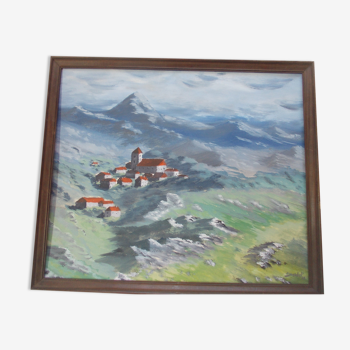 OIL ON CARDBOARD PAINTING "VILLAGE DE REVE" in THE MOUNTAINS, signed J.M. CABET 1988, wooden frame, painting