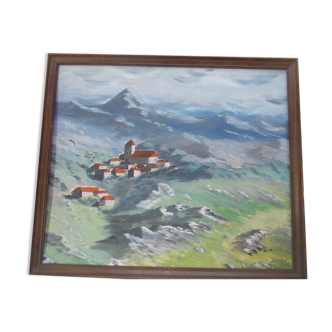 OIL ON CARDBOARD PAINTING "VILLAGE DE REVE" in THE MOUNTAINS, signed J.M. CABET 1988, wooden frame, painting