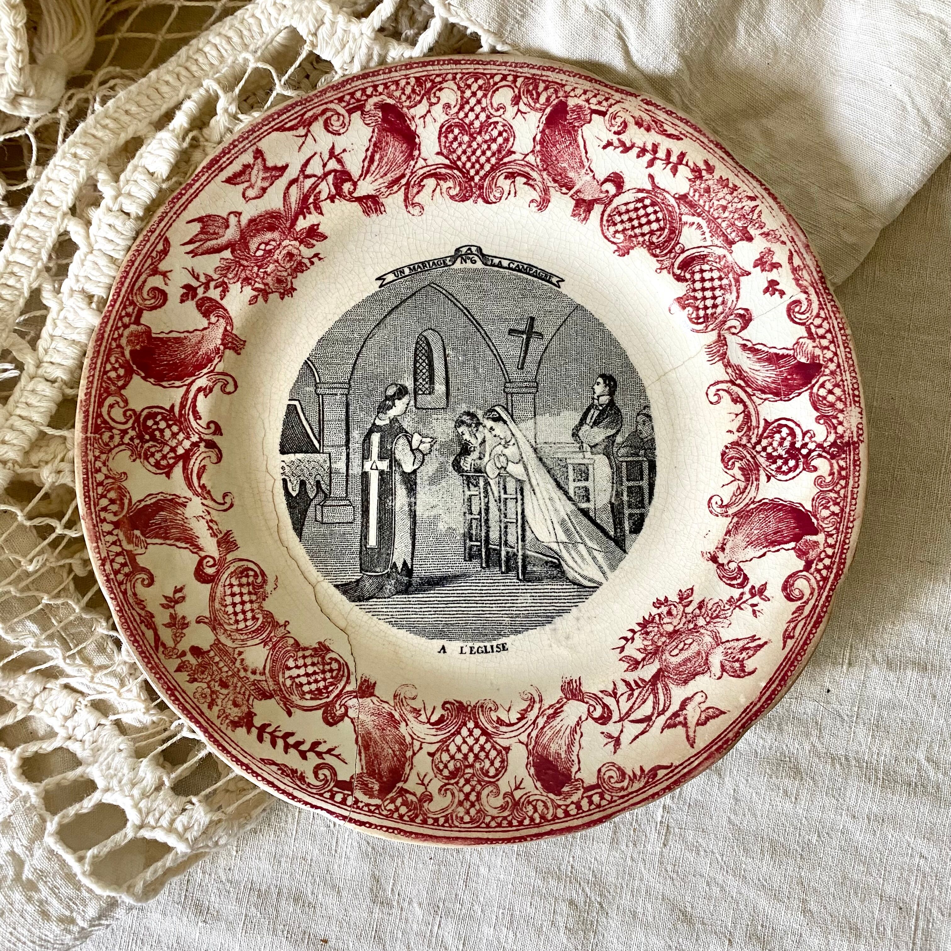 Old talking plates Gien "a wedding in the countryside"