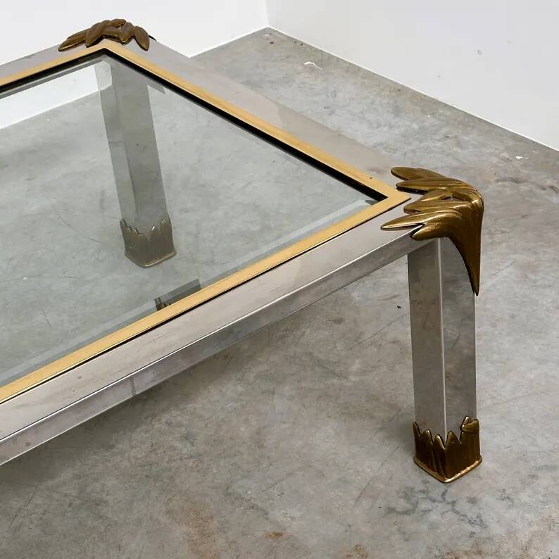 Vintage coffee table in chrome and brass adorned with sculpted leaf details, 1970s